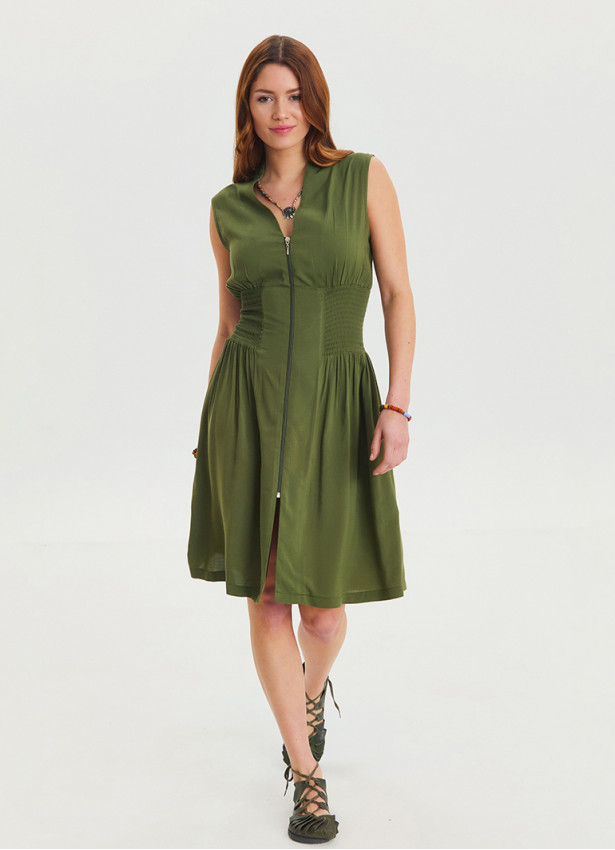 Khaki Summer Dress with Stand Collar and Zipper Detail 4440